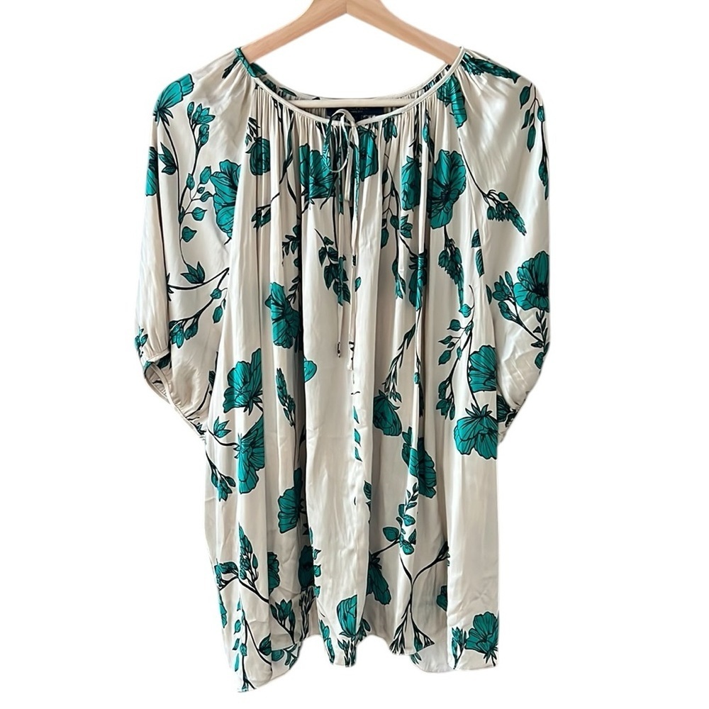Rachel Roy 3X Satin Gathered Collar Flowy Floral Tan Green Blouse